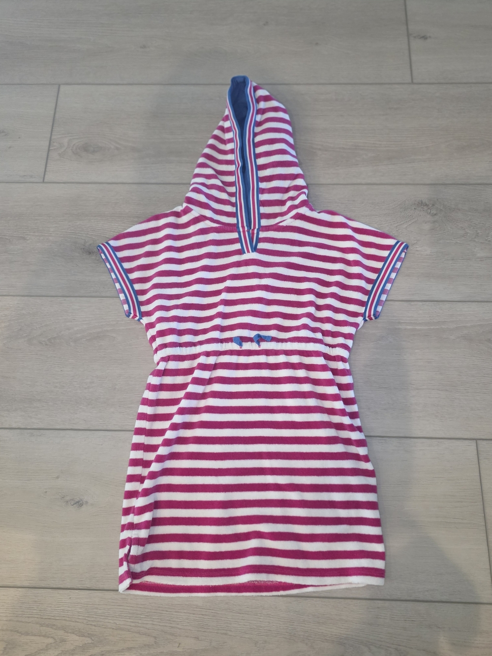 Boden Pink, White & Blue Striped Hooded Dress 7-8